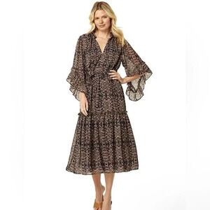 MISA Los Angeles Midi Dress Black Paisley Abstract Marcele Ruffle Sleeve Size S
